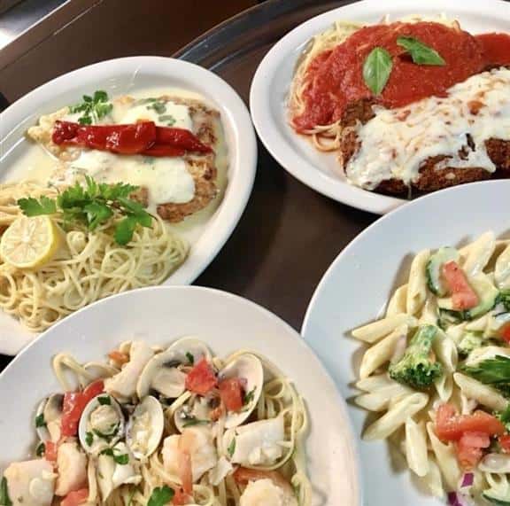 various italian dishes, chicken parmigiana, clams with pasta, etc.