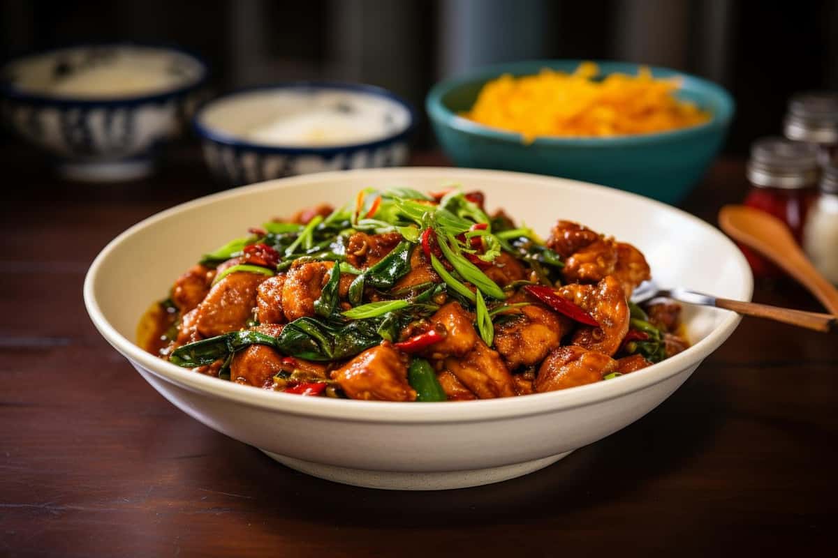 Bowl of kung pao chicken with vegetables and chili peppers.