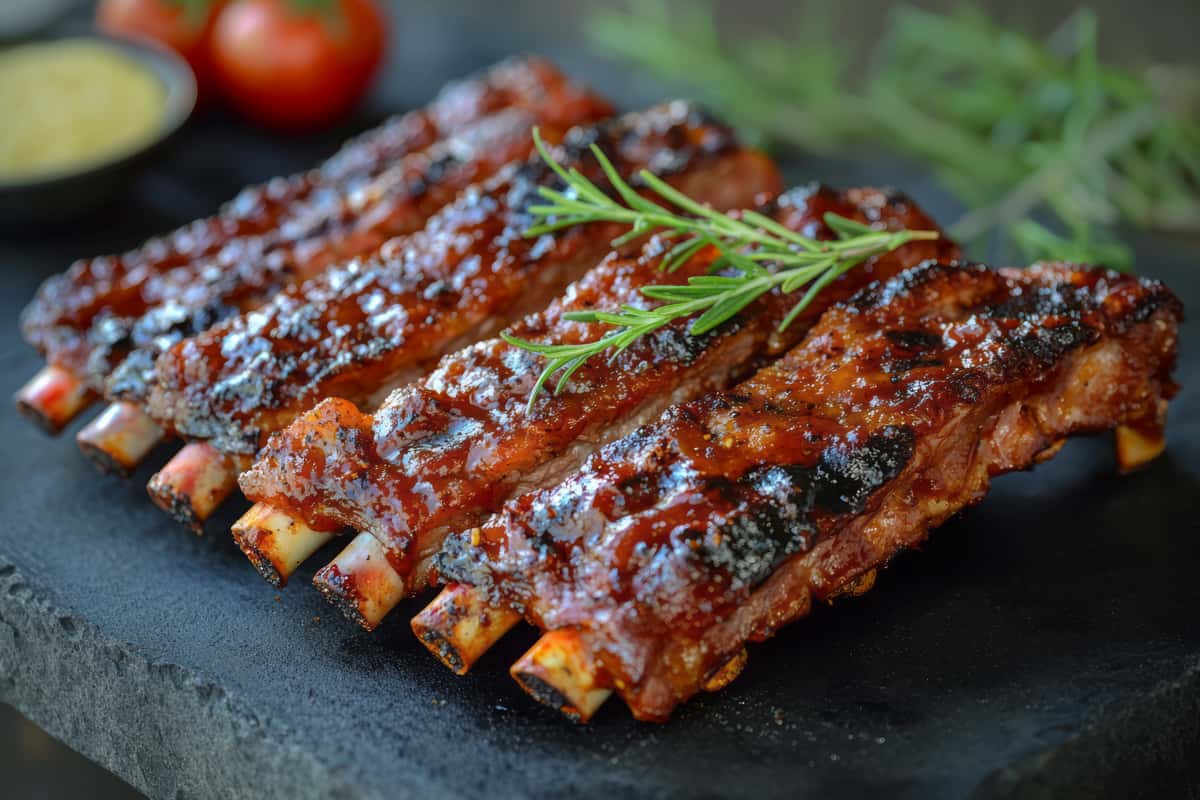 Grilled barbecue pork ribs glazed with sauce and garnished with herbs.