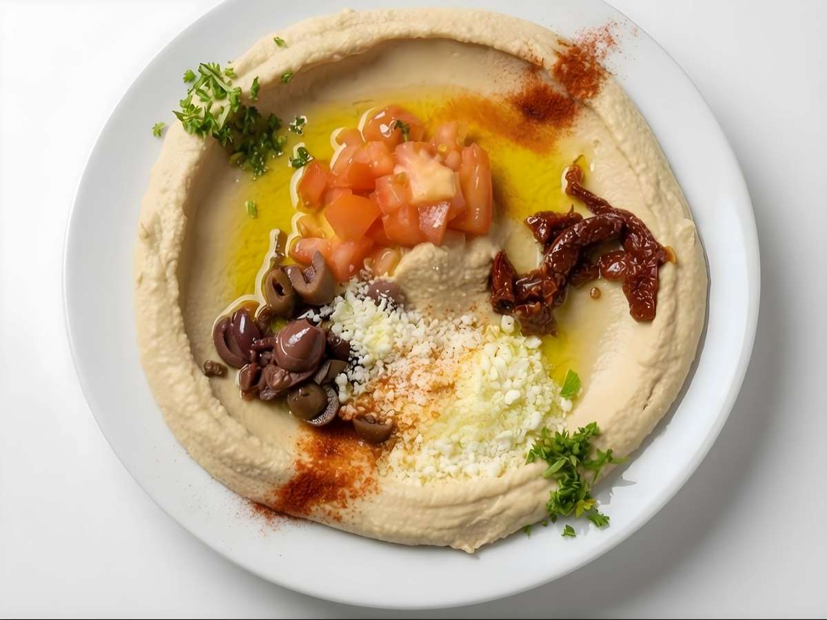 Hummus topped with tomatoes, olives, sun-dried tomatoes, herbs, and olive oil.
