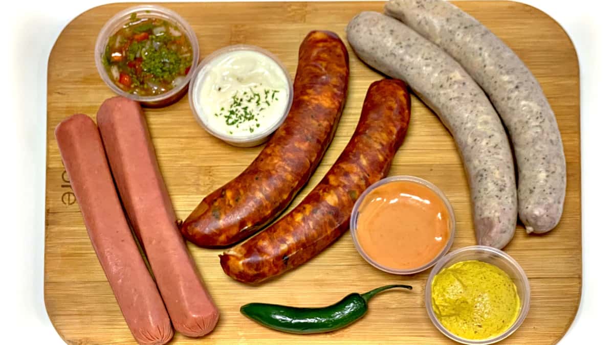 hot dog sausages, bratwurst, chorizo, vegan hot dog