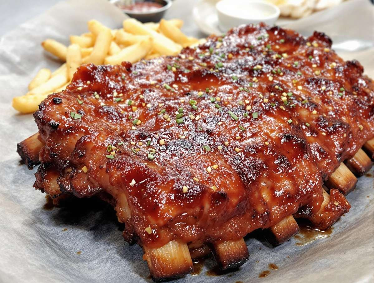 House smoked ribs, gochujang bbq sauce, crispy russet fries, house slaw