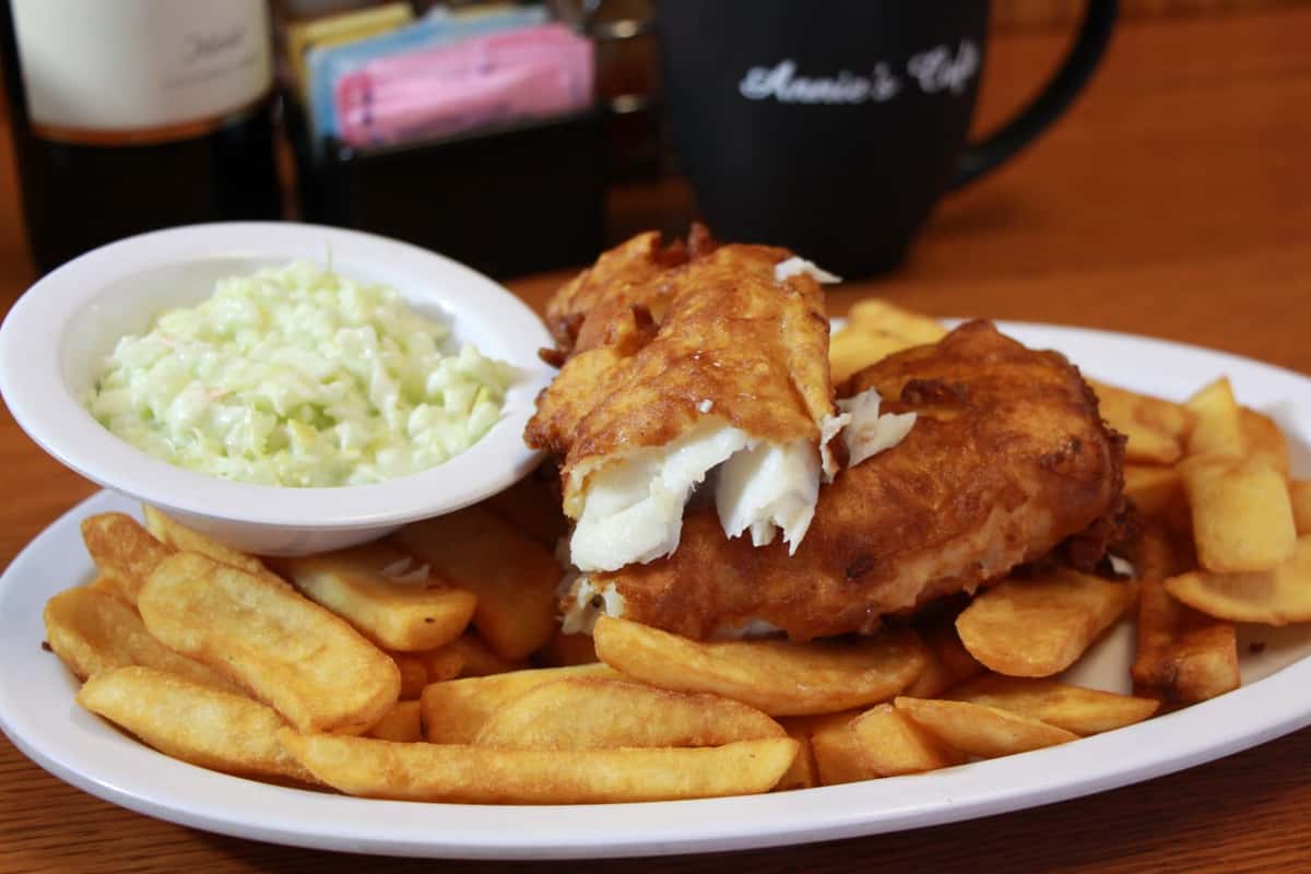 fish and chips with coleslaw