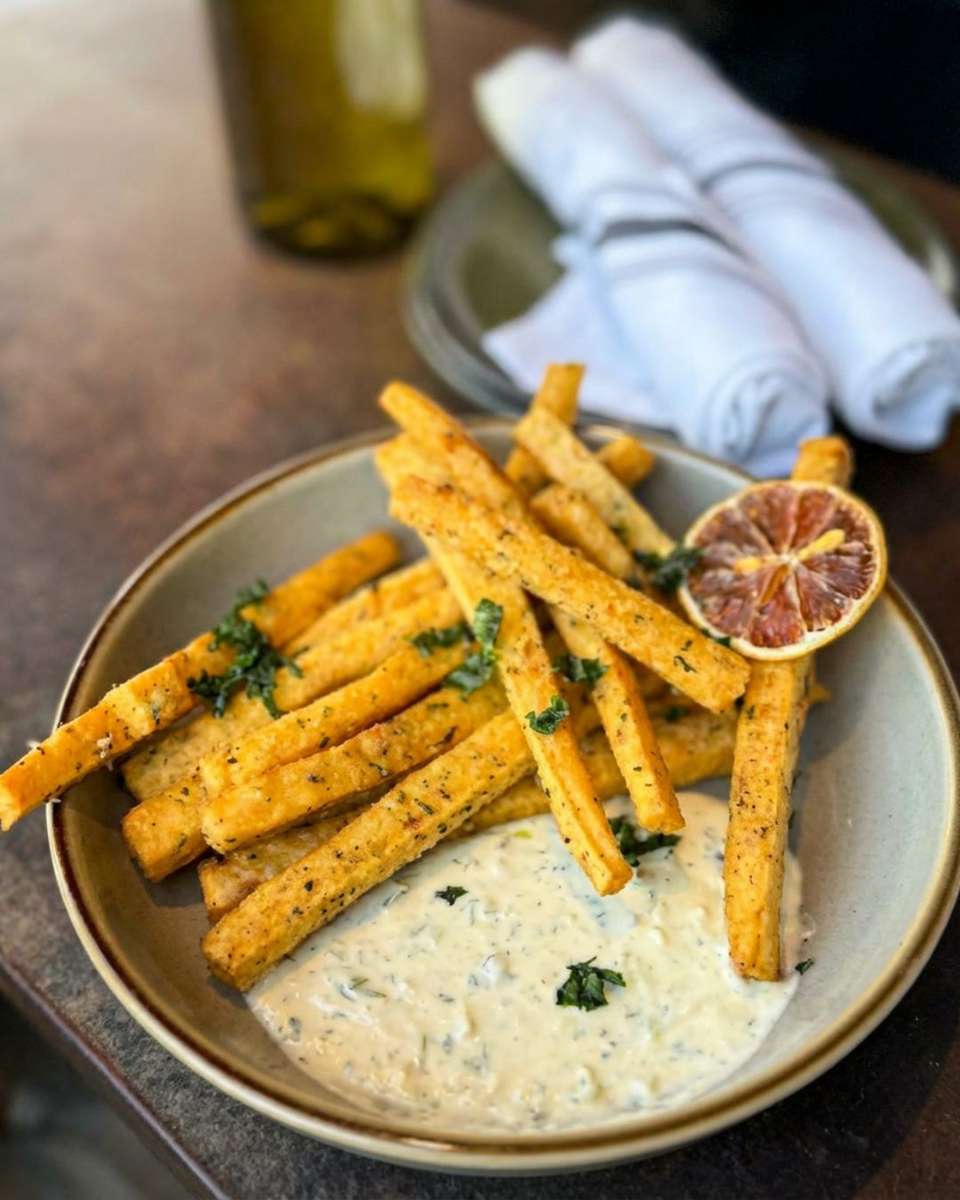 Stacked chickpea fries