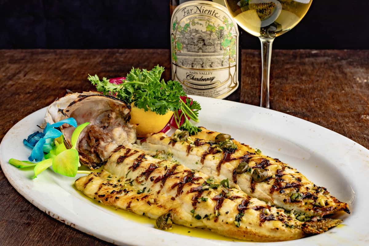 Branzino and Far Niente, selected white wine at Chazz Palminteri Italian Restaurant