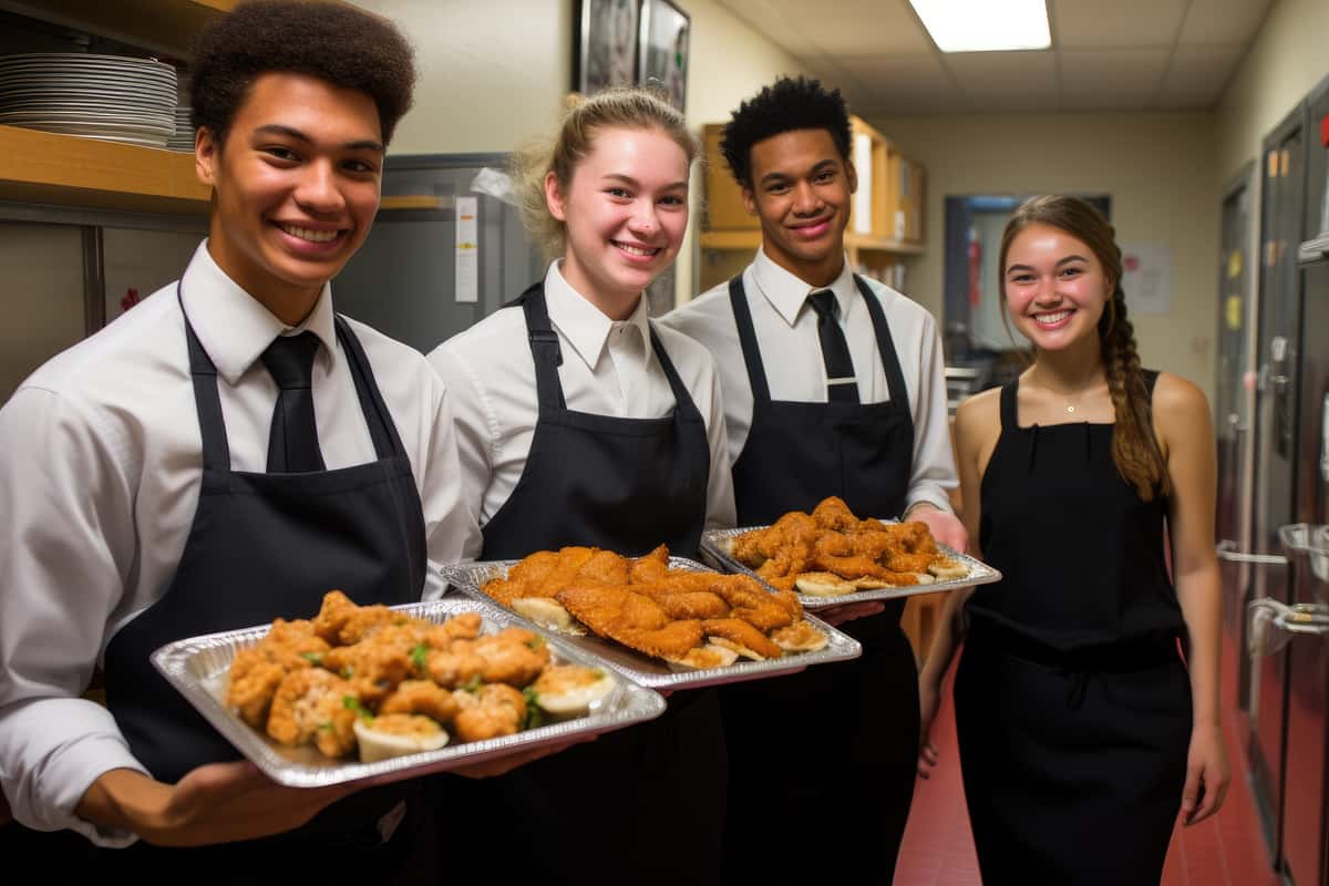 people group holding trays filled with food smiling students standing line holding food trays
