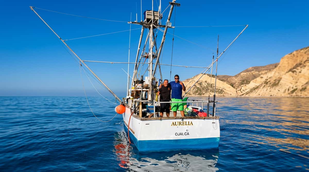 A small fishing boat floats on calm blue water, with a person standing on deck handling equipment. The vessel is equipped with tall rigging and nets, suggesting it's used for commercial fishing. In the background, a rocky, desert-like coastline rises under a clear sky, adding a rugged, coastal atmosphere to the scene.