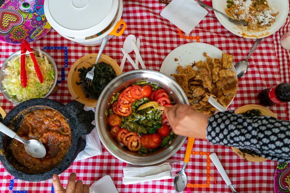 Traditional Mexican table spread with salsa, nopales salad, chicharrón, and fresh vegetables on a colorful checkered tablecloth—family-style Mexican dining.