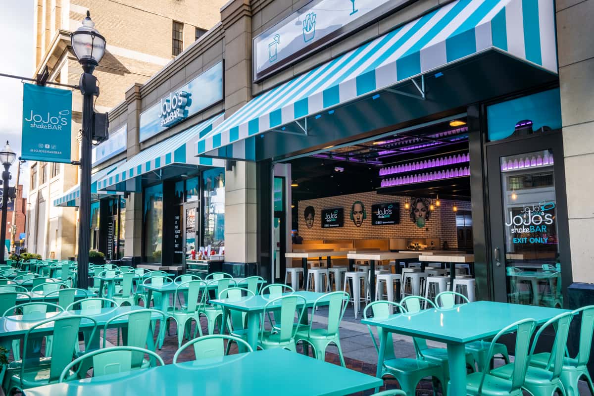 The outdoor patio at JoJo's shakeBAR in The District Detroit on Columbia Street.