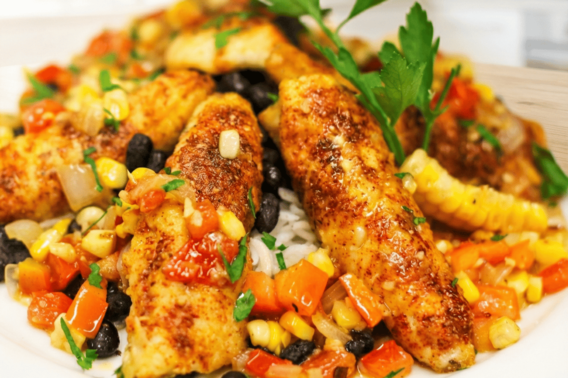 Seared fish fillets on white rice with black beans, diced tomatoes, corn, and parsley garnish.