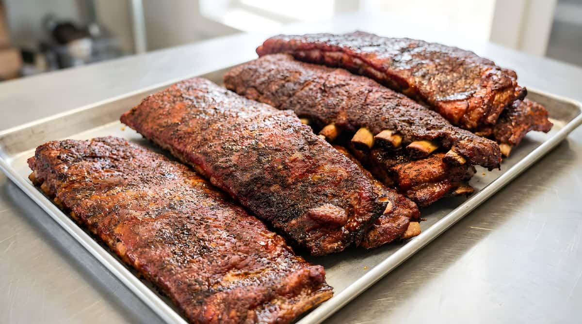 Several racks of smoked spare ribs with dark seasoning and visible bones on a metal tray.