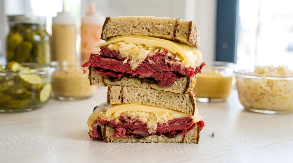 Pastrami Reuben sandwich, cut in half, with cheese, sauerkraut, and rye bread on foil.