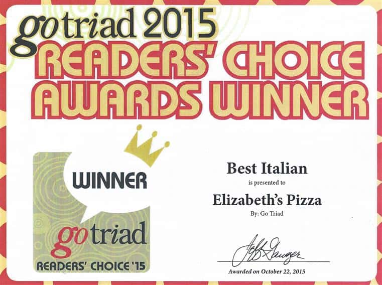 gotriad 2015 readers' choice award winner best italian elizabeth's pizza