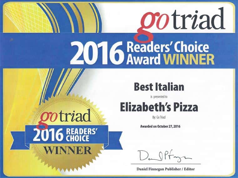 gotriad 2016 readers' choice award winner best italian elizabeth's pizza
