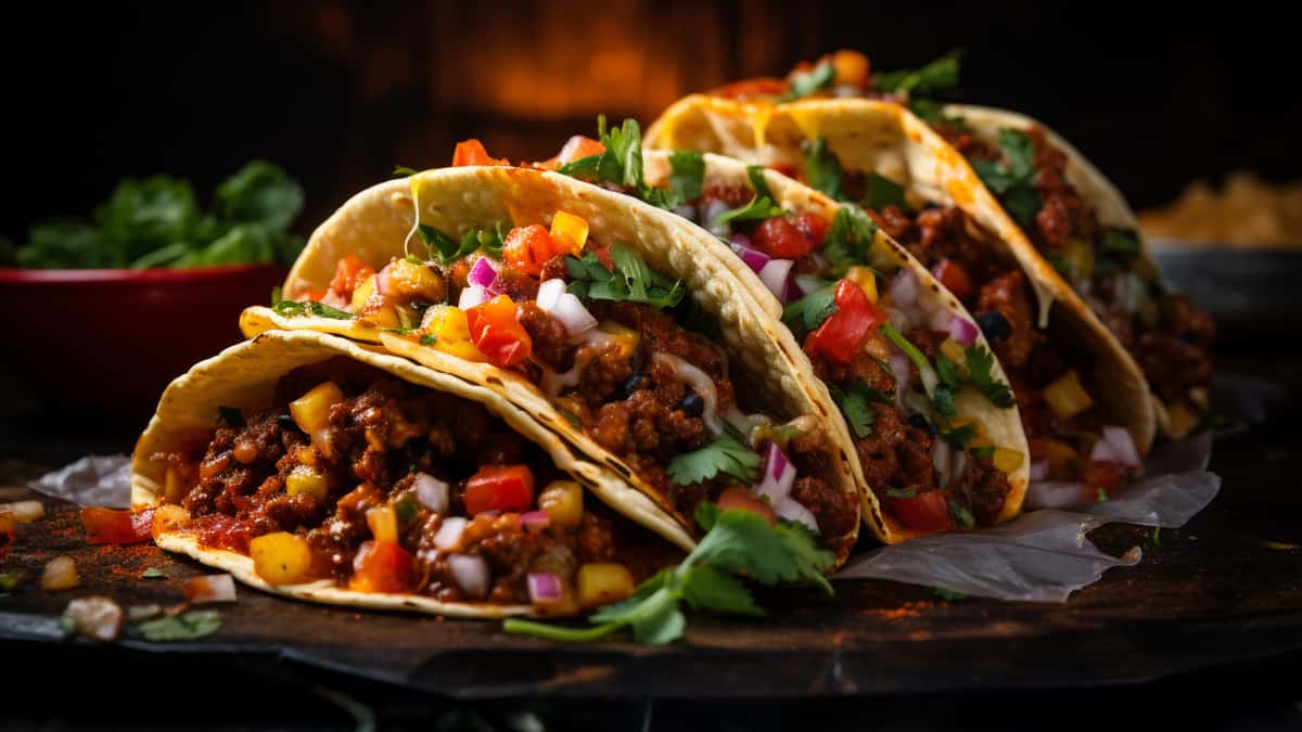 Filled up tacos with meat and vegetable toppings