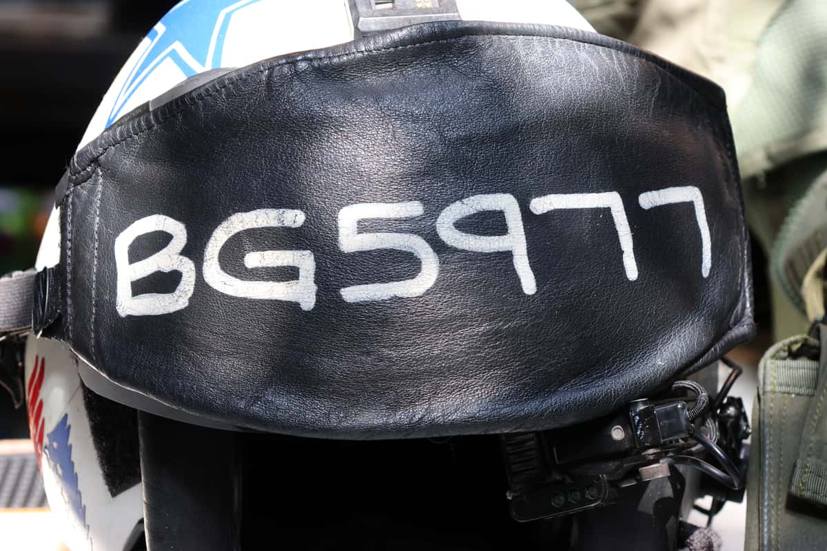 The front of Brent's helmet. It says "BG5977"