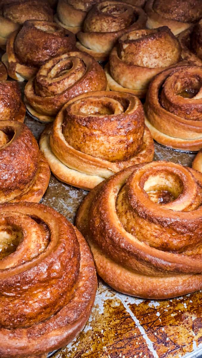 Pan of freshly baked cinnamon rolls