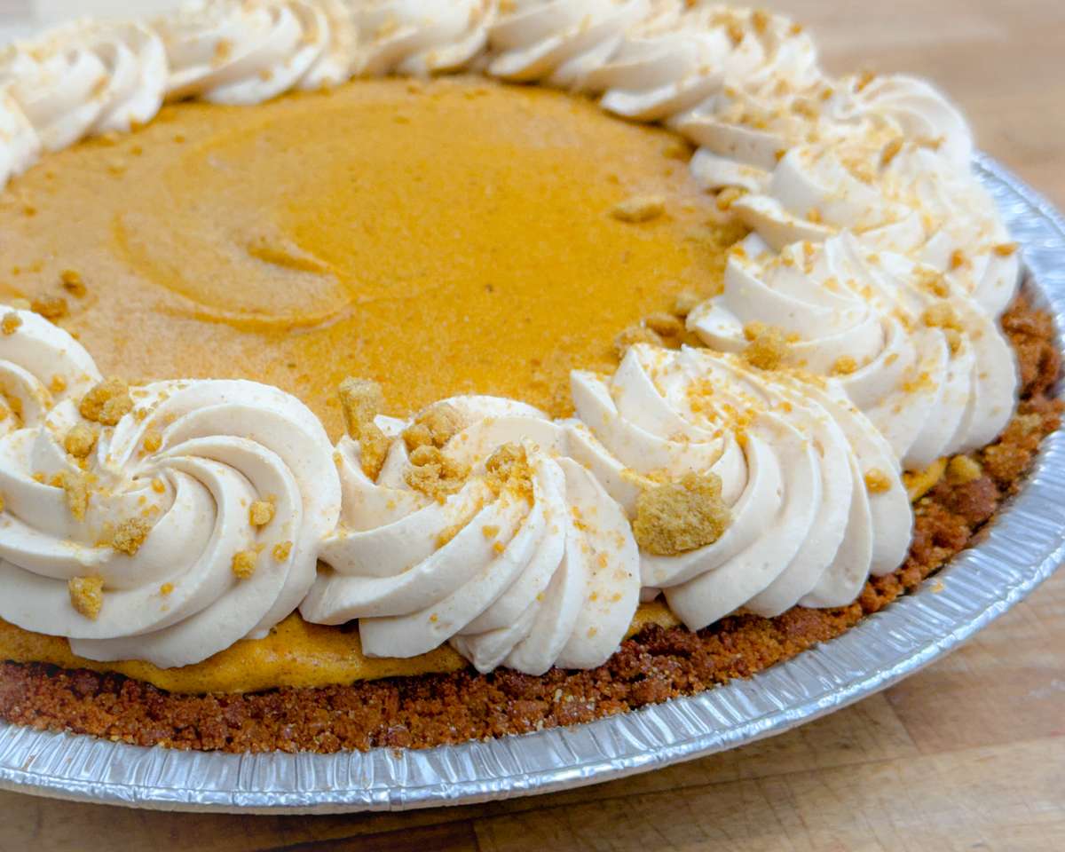 COMING SOON!10" Gingersnap Crumb Crust, Pumpkin Chiffon Filling (light, airy pumpkin mousse) topped with Chai Spice Whipped Cream. Bakery Milwaukee