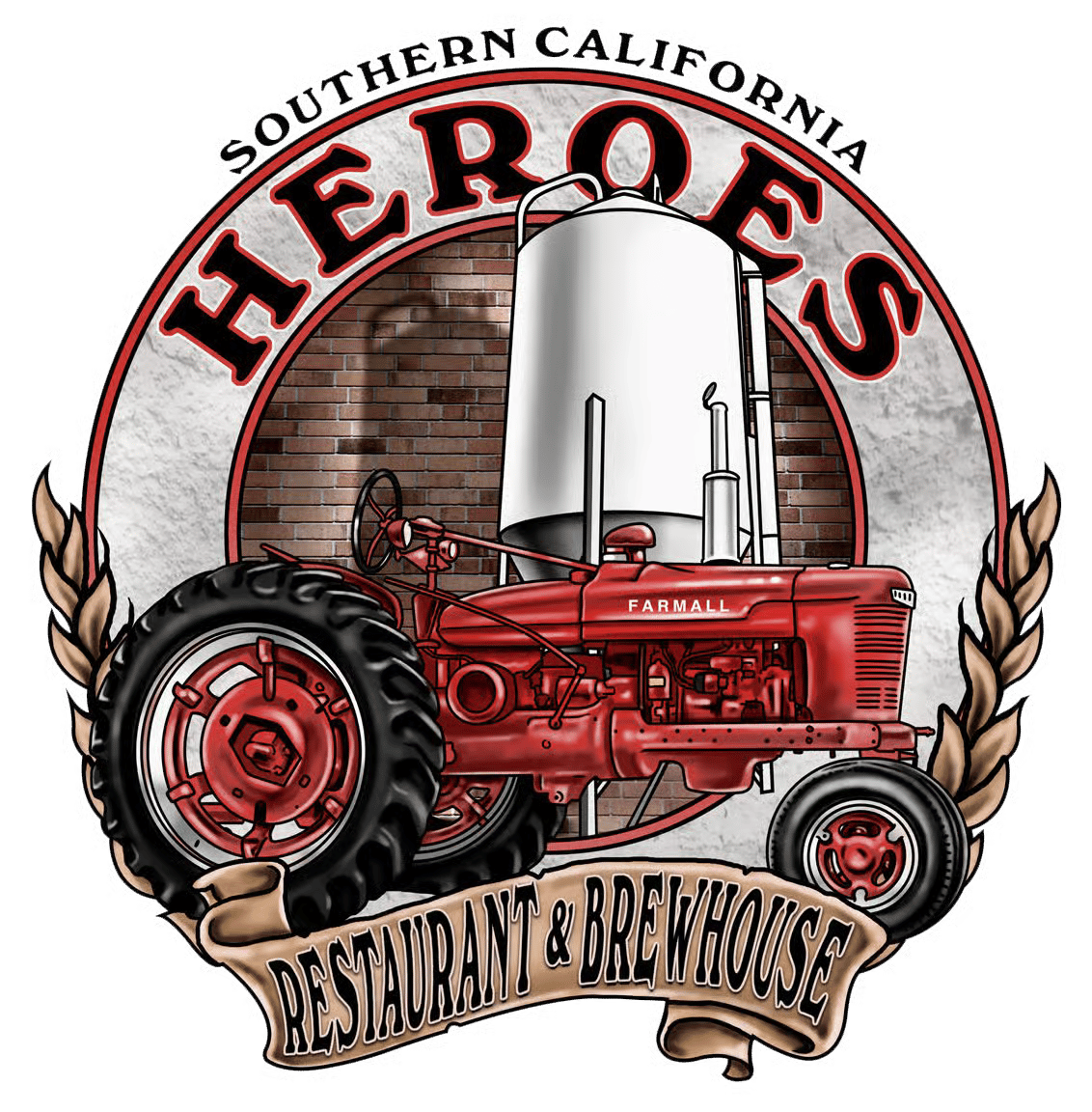Heroes restaurant logo featuring a vintage fire truck, city skyline, and rustic emblem-style branding