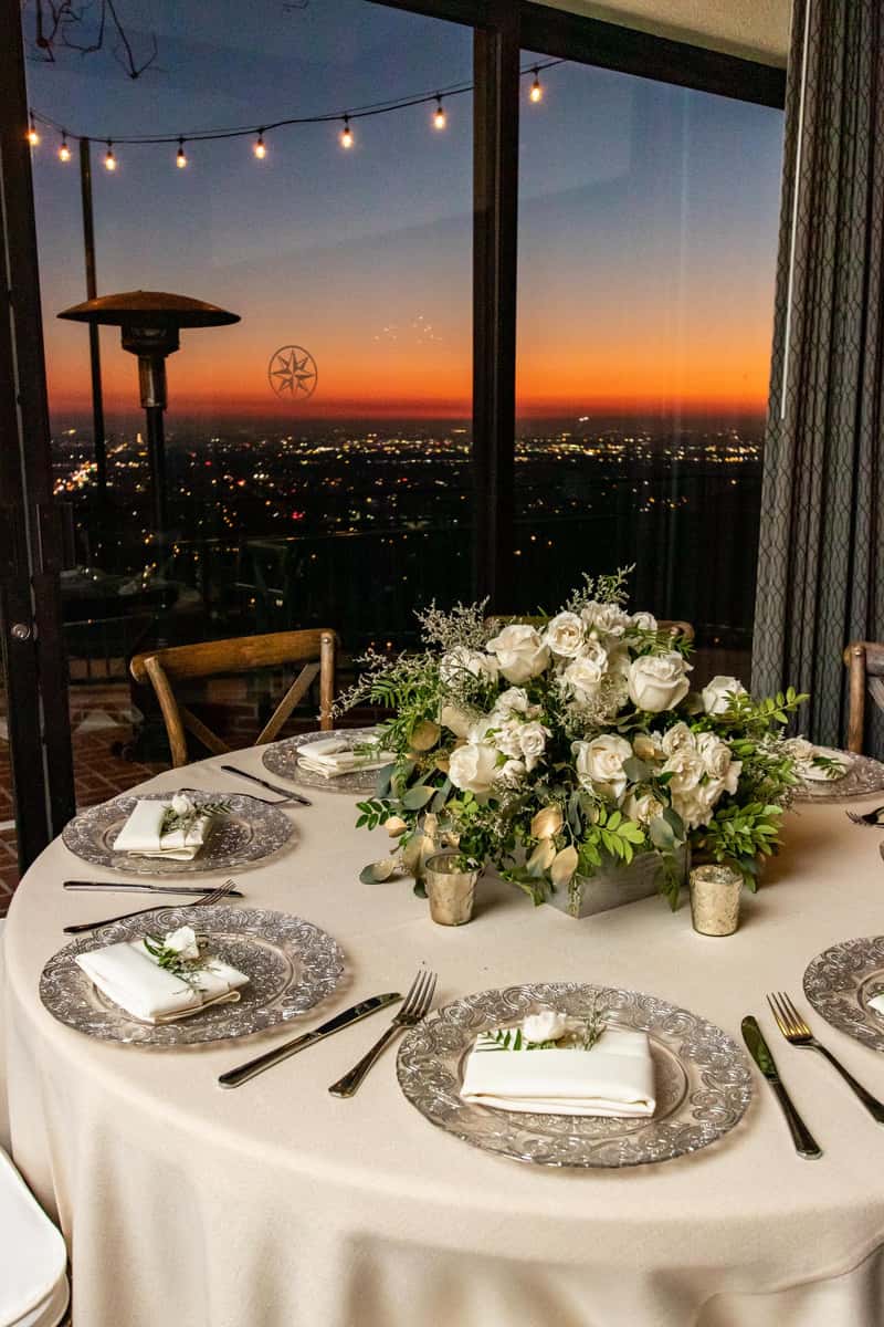 Evening Star Ballroom with a skyline view of Orange, CA at sunset