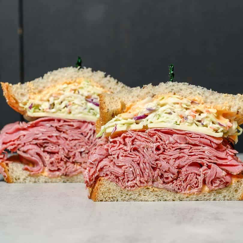 Stacked pastrami sandwich