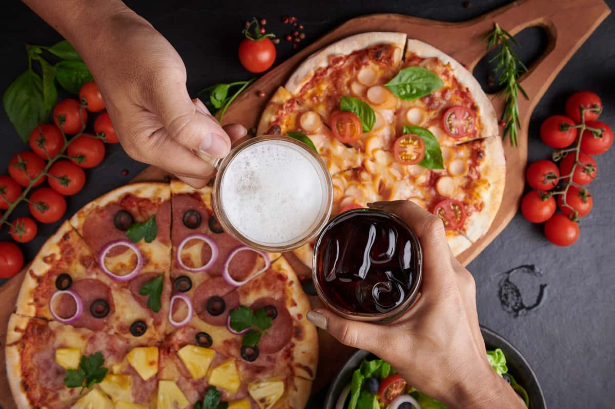 Pizza with drinks