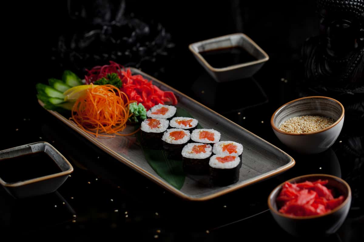 sushi with salmon caviar.