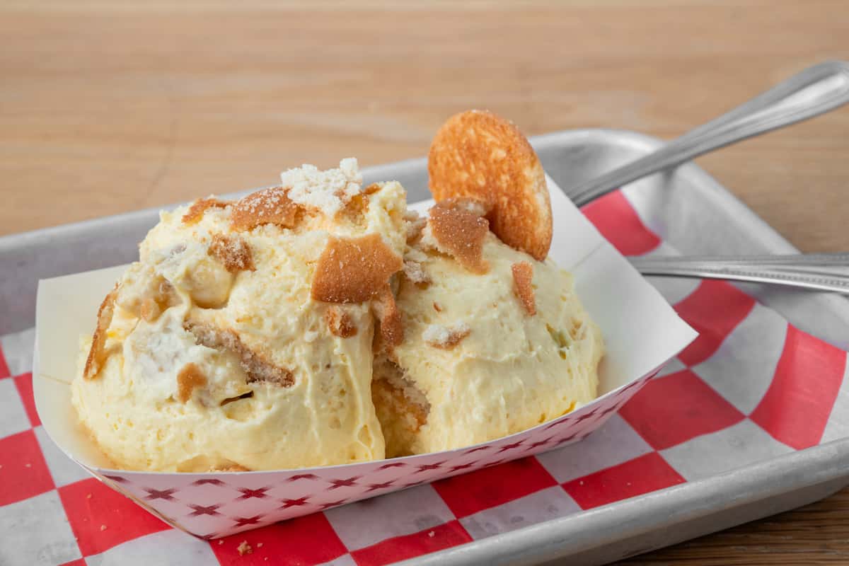 Homestyle banana pudding topped with vanilla wafers, classic Southern dessert at North Georgia BBQ