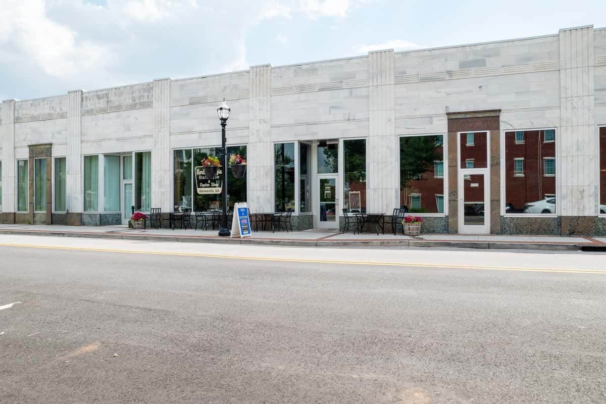 North Georgia BBQ restaurant exterior showcasing historic storefront and welcoming barbecue destination