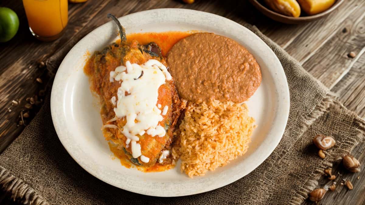 Authentic Mexican chile relleno topped with melted cheese and red sauce, served with Mexican rice and refried beans on a rustic wooden table.