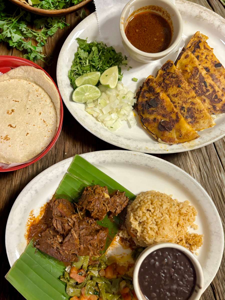 Authentic Mexican food spread featuring grilled quesadillas with salsa, chopped onions, cilantro and lime, alongside slow-cooked meat with rice, black beans, and fresh vegetables.