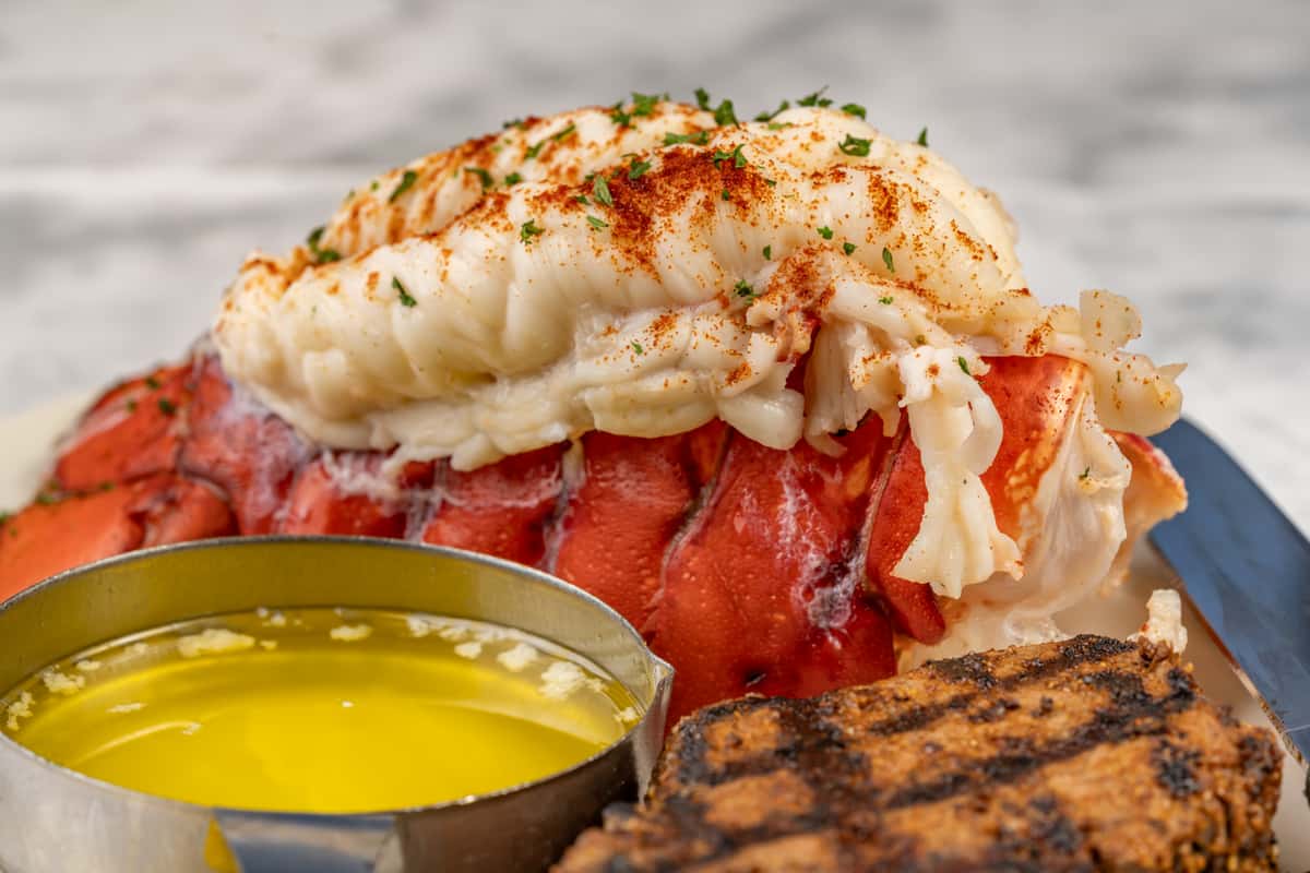 Surf and turf entrée featuring a broiled lobster tail topped with paprika and parsley, served alongside grilled steak and a ramekin of melted butter — a classic seafood and steakhouse pairing.