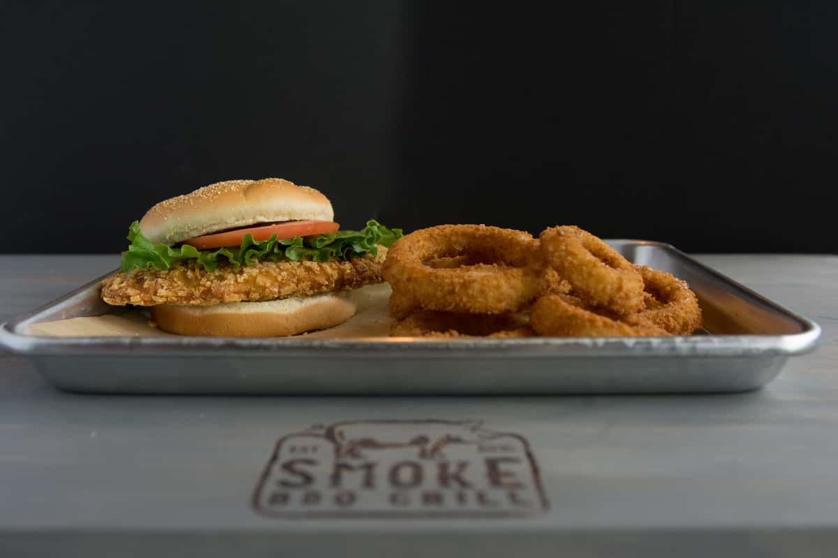 chicken sandwich and onion rings
