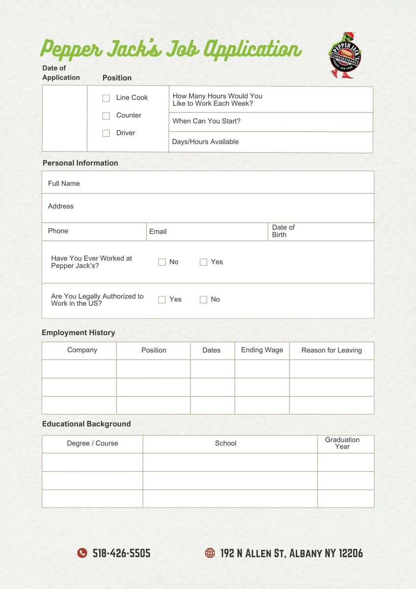 Pepper Jack's Employment Application 2025