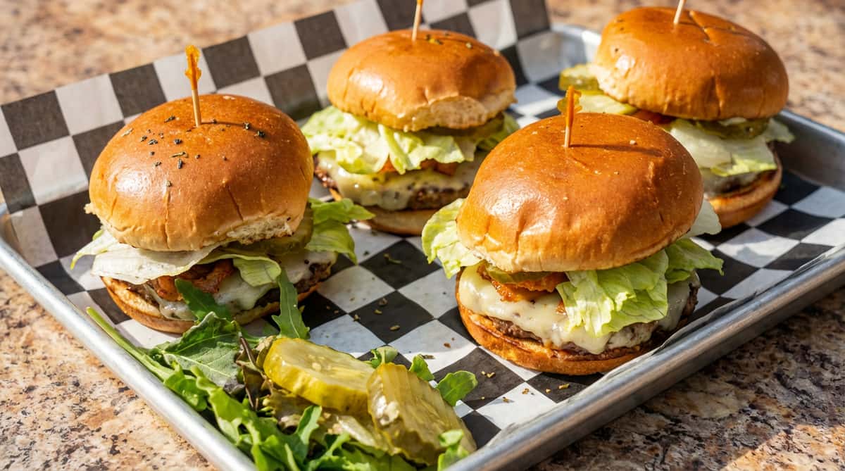 Four mini cheeseburger sliders with lettuce on a checkered paper-lined metal tray, garnished with arugula and pickles.