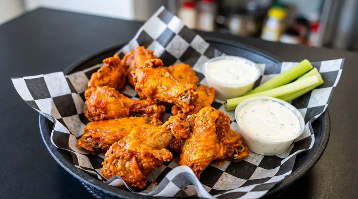 Hot wings with celery sticks and two ramekins of dipping sauce on checkered paper.