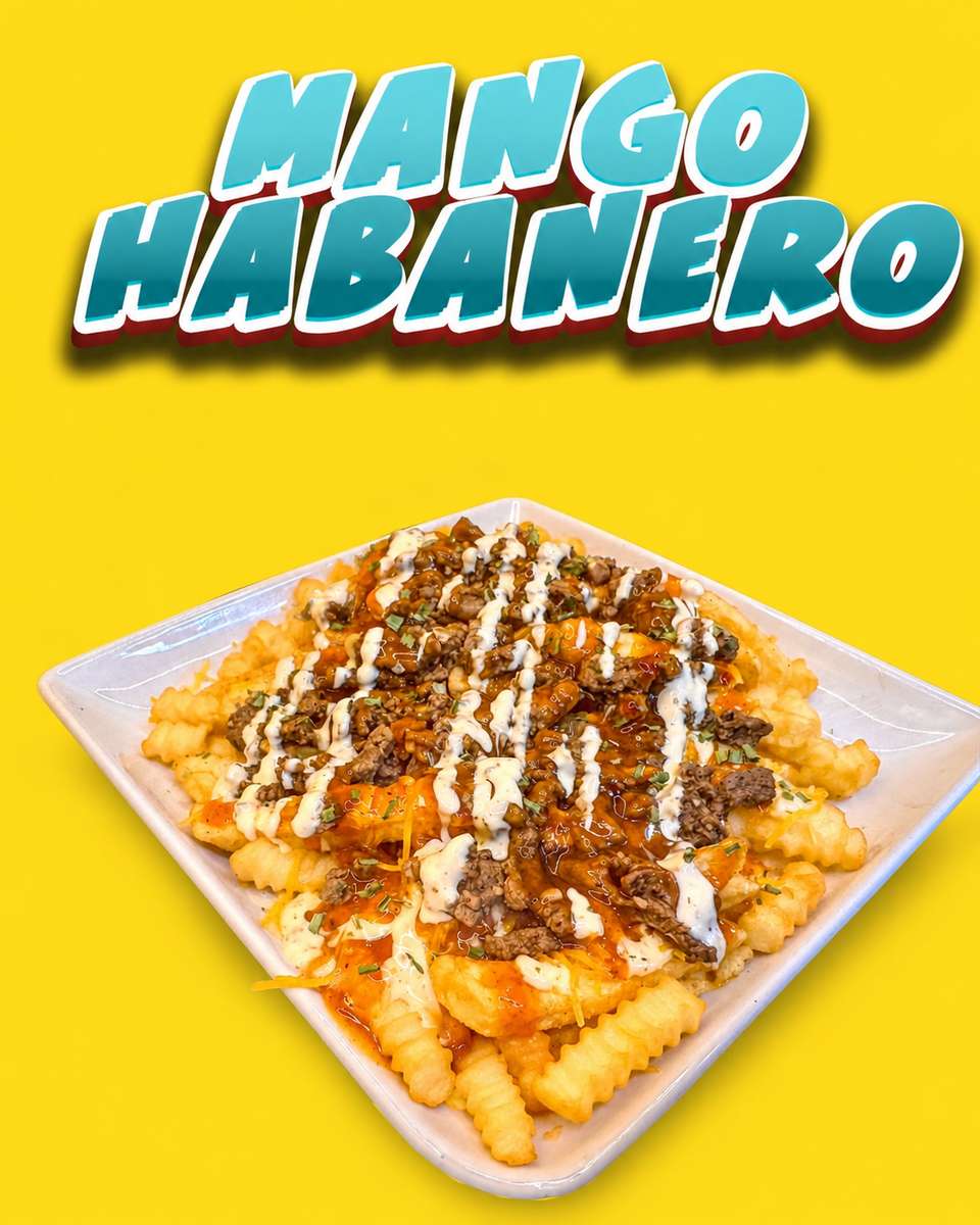 Yellow graphic with a title banner above a white plate of loaded fries drizzled with white sauce