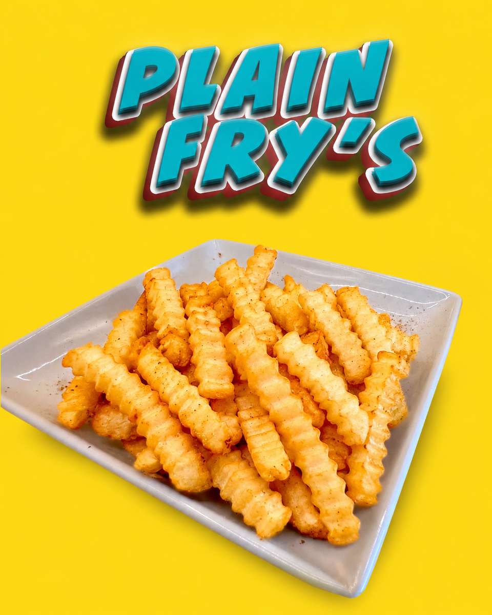 Yellow graphic with a title banner above a white plate of golden french fries