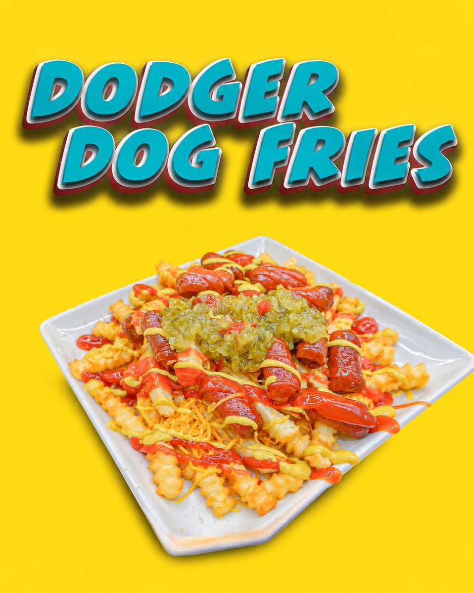 Yellow graphic with a title banner above a white plate of loaded fries topped with red sauce and green garnish