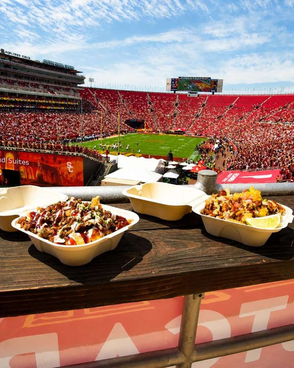 Two paper trays of loaded fries on a wooden table with red stadium seats in the background