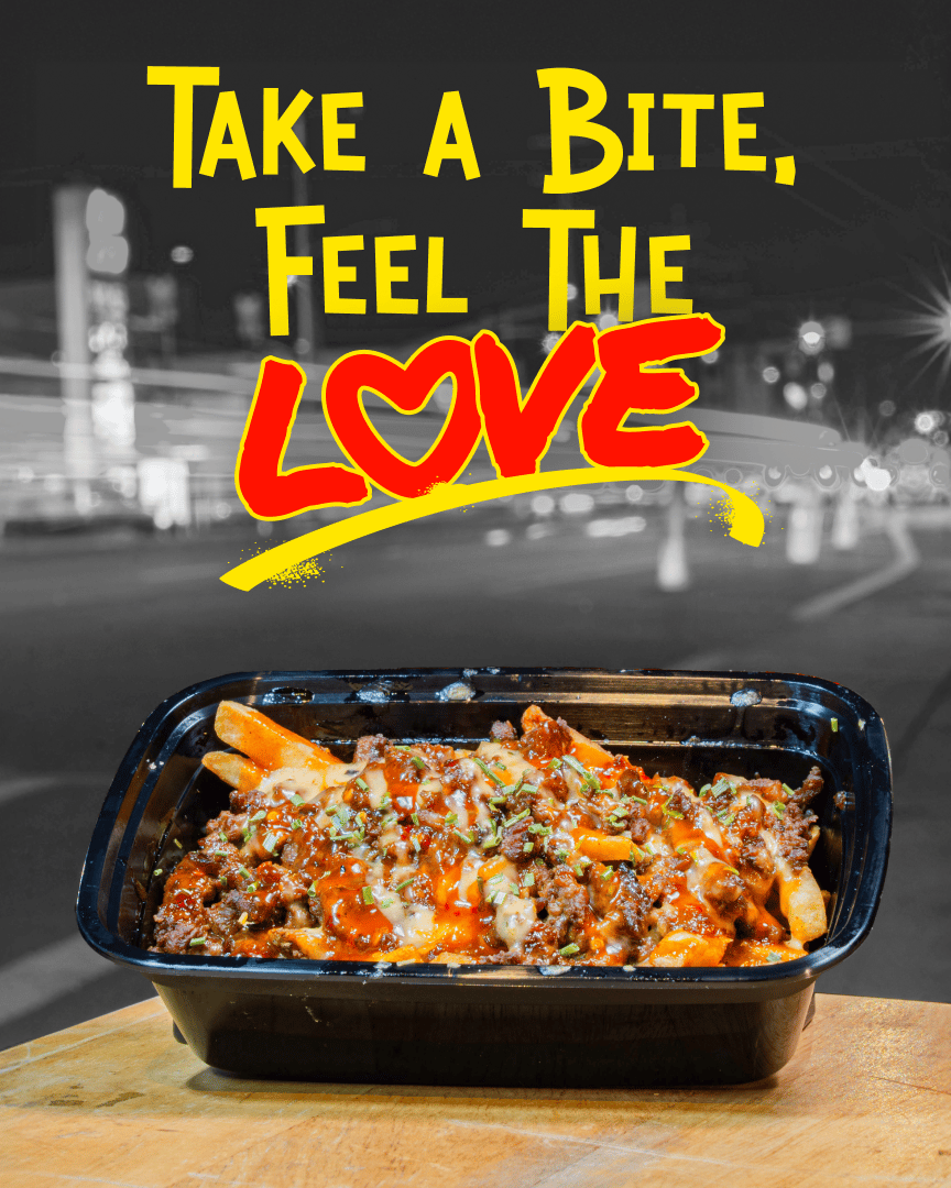FryDay ghost kitchen Los Angeles — loaded fries graphic Feel the Love