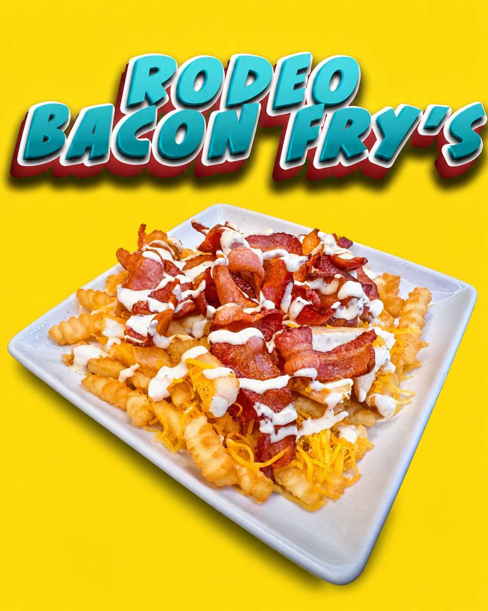 Yellow graphic reading Bacon Fry's above a white plate of fries topped with bacon and white sauce