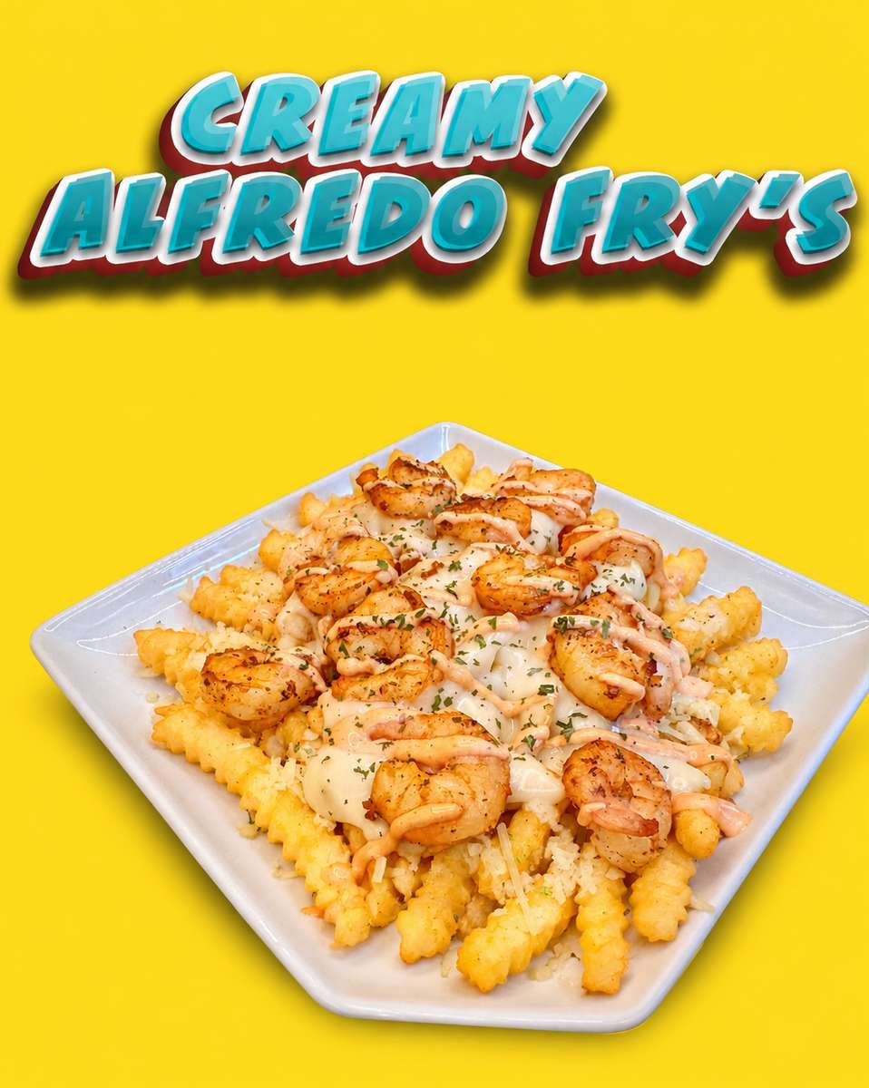 Yellow graphic with a title banner above a white plate of golden loaded fries with a creamy topping