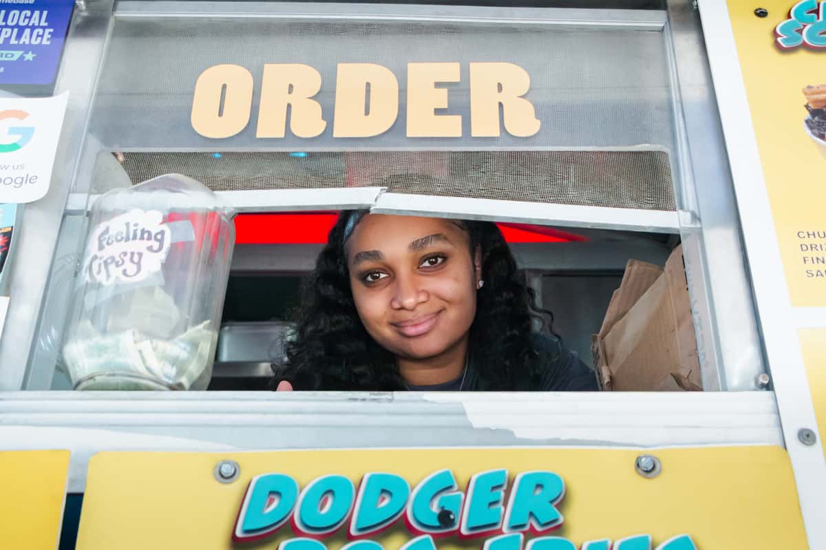 FryDay Food Truck order window serving a guest in Los Angeles