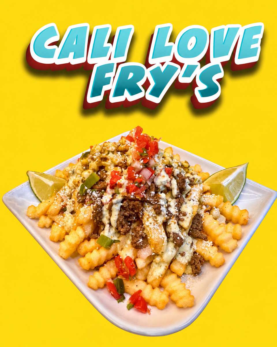 Yellow graphic with a title banner above a white plate of fries topped with sauce drizzle, toppings and a lime wedge