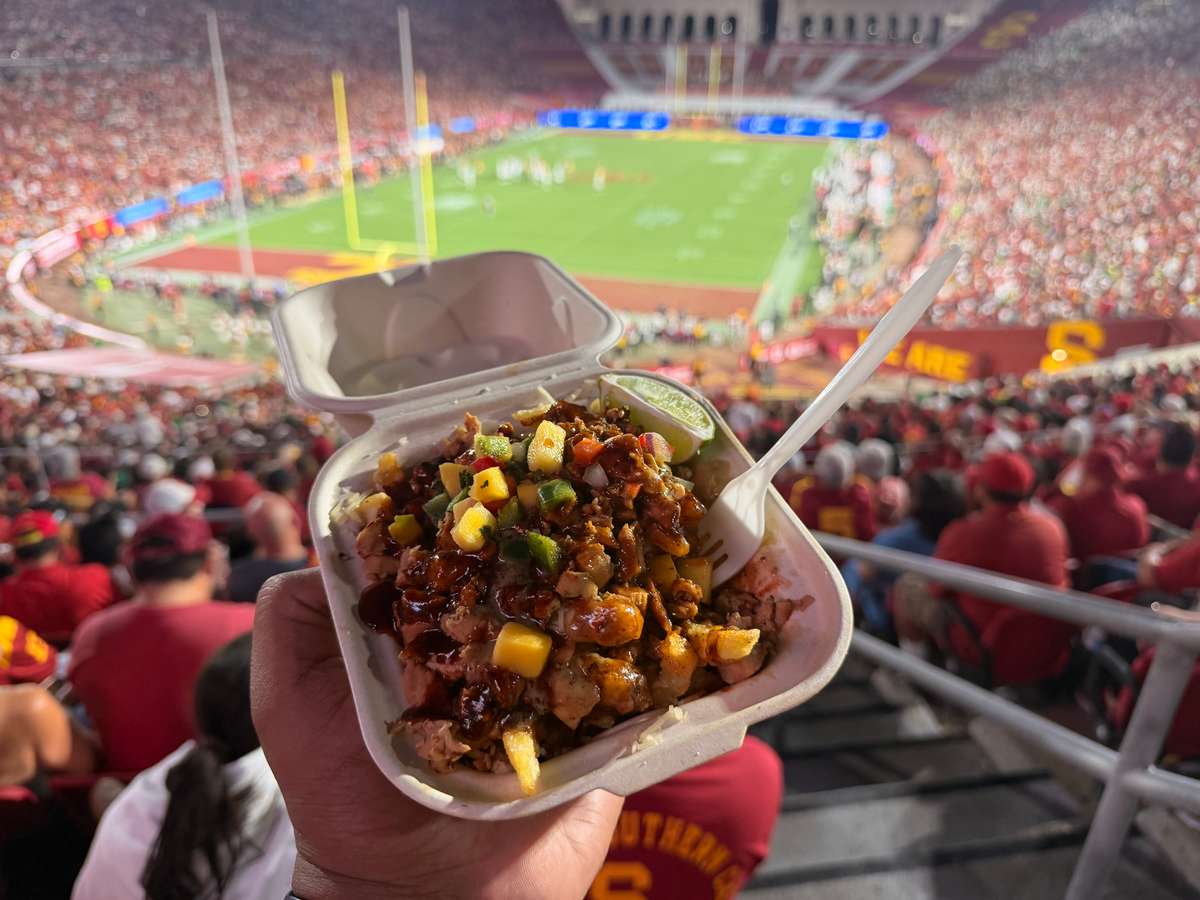 Hand holding a container of loaded fries in front of a crowded stadium