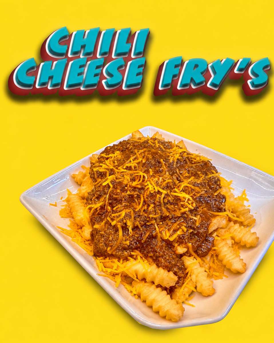 Yellow graphic reading Cheese Fry's above a white plate of fries topped with a brown meat topping