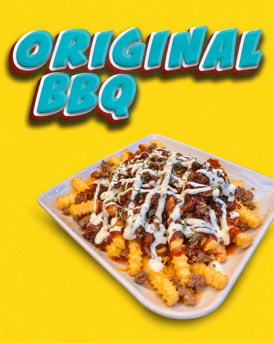 Yellow graphic reading Original BBQ above a tray of loaded fries drizzled with white sauce