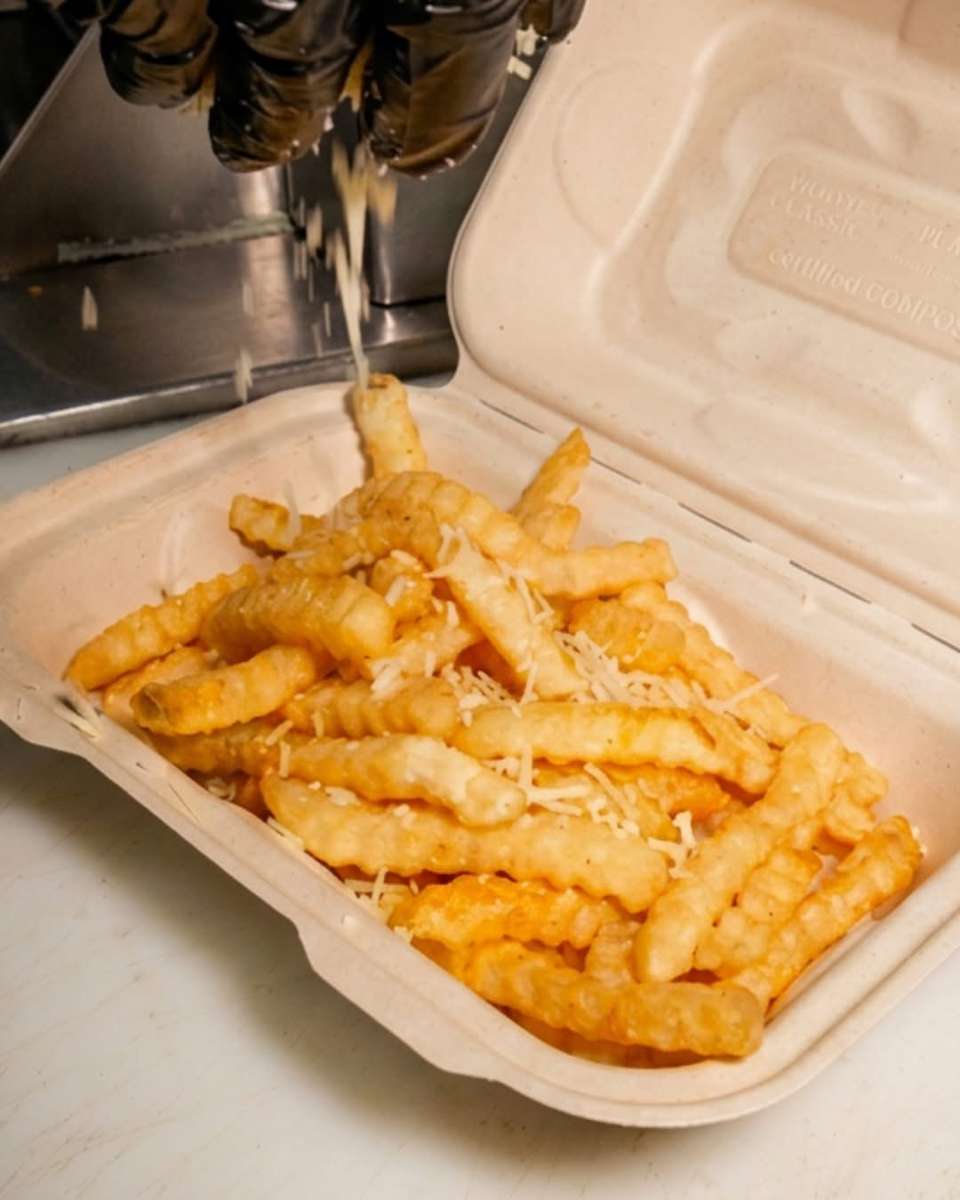 A serving of golden French fries in a paper boat