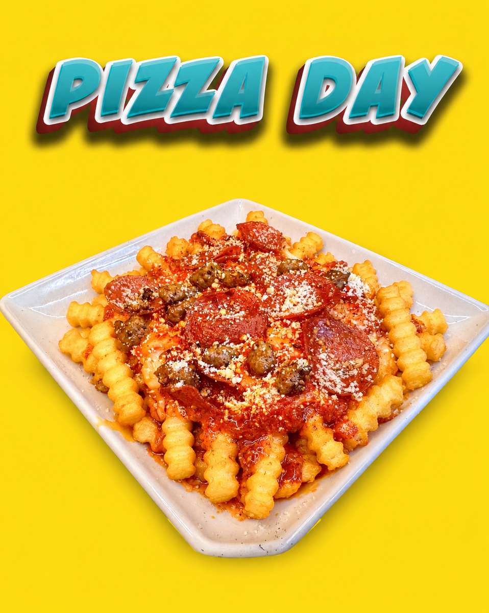 Yellow graphic with a title banner above a white plate of loaded fries